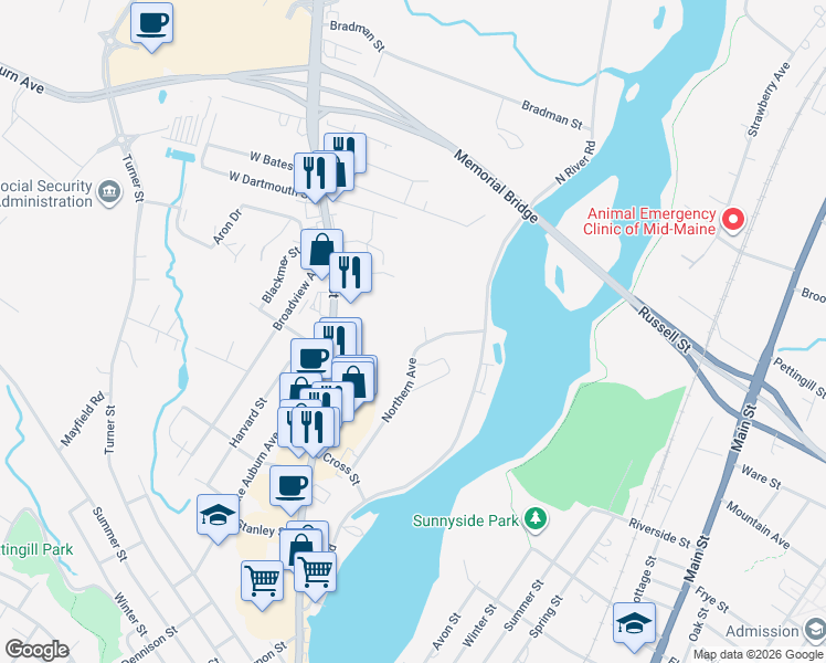 map of restaurants, bars, coffee shops, grocery stores, and more near 124 Northern Avenue in Auburn