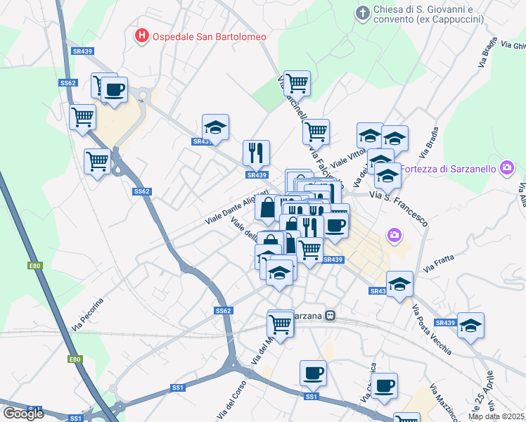 map of restaurants, bars, coffee shops, grocery stores, and more near 9 Via Paganino in Sarzana
