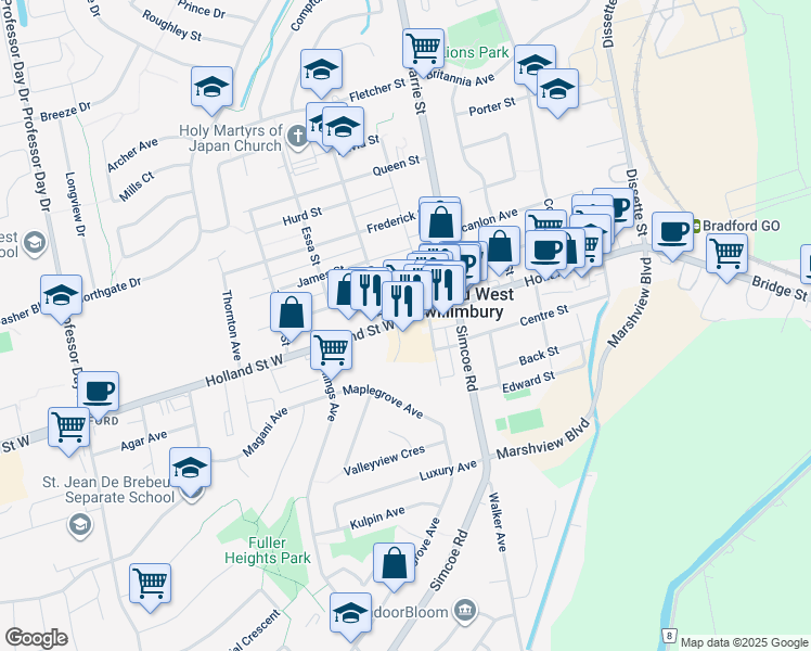 map of restaurants, bars, coffee shops, grocery stores, and more near in Bradford West Gwillimbury