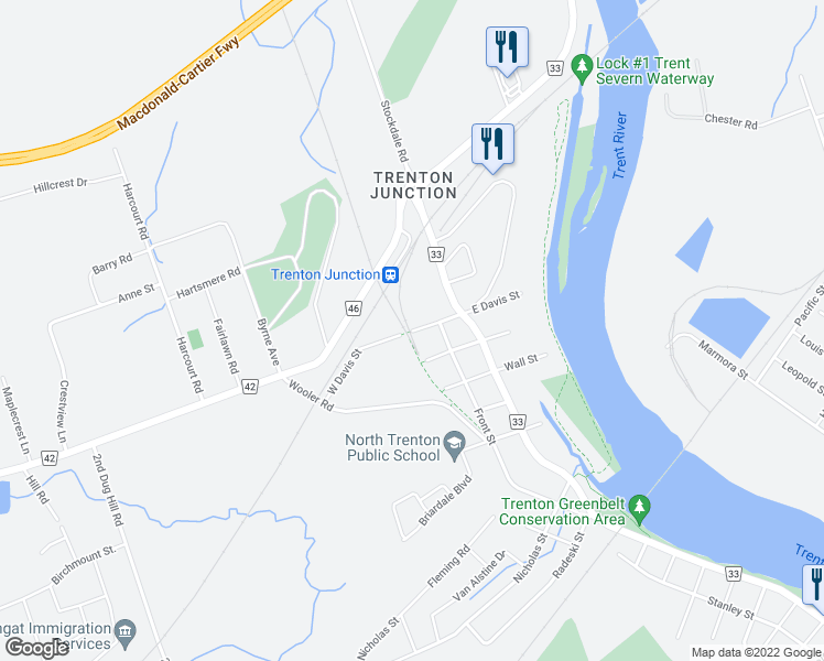 map of restaurants, bars, coffee shops, grocery stores, and more near 115 Davis Street East in Quinte West