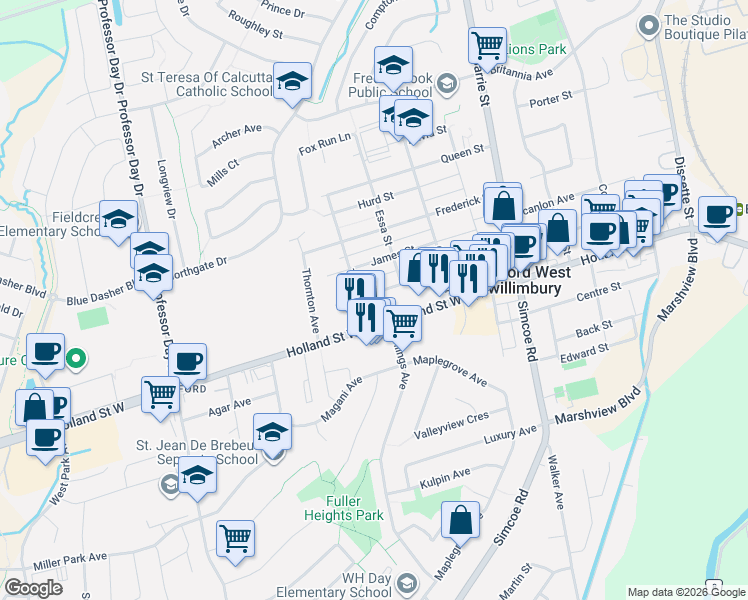 map of restaurants, bars, coffee shops, grocery stores, and more near 160 John Street West in Bradford West Gwillimbury