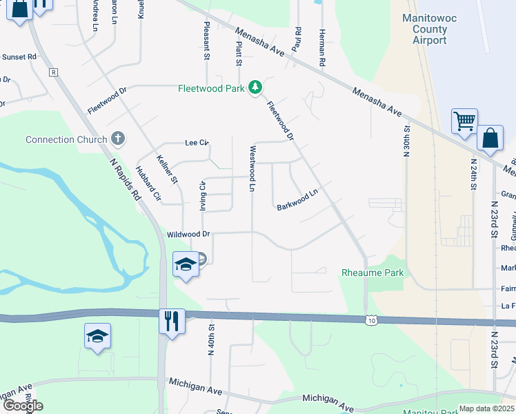 map of restaurants, bars, coffee shops, grocery stores, and more near 1323 Westwood Lane in Manitowoc
