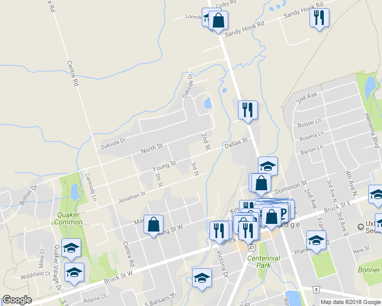 map of restaurants, bars, coffee shops, grocery stores, and more near 46 A Young Street in Uxbridge