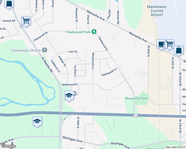 map of restaurants, bars, coffee shops, grocery stores, and more near 1323 Westwood Ln in Manitowoc