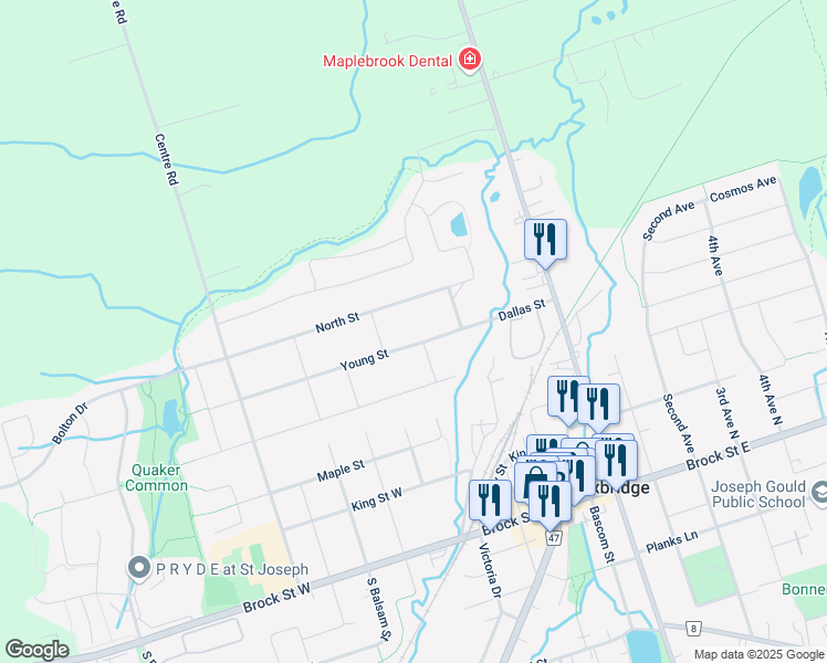 map of restaurants, bars, coffee shops, grocery stores, and more near 46 A Young Street in Uxbridge