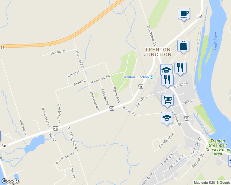 map of restaurants, bars, coffee shops, grocery stores, and more near 14 Byrne Avenue in Quinte West
