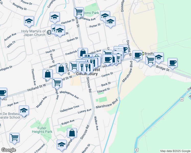 map of restaurants, bars, coffee shops, grocery stores, and more near 33 Centre Street in Bradford West Gwillimbury