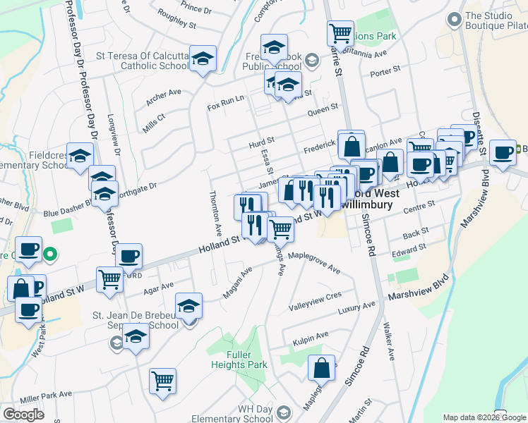map of restaurants, bars, coffee shops, grocery stores, and more near 160 John Street West in Bradford West Gwillimbury
