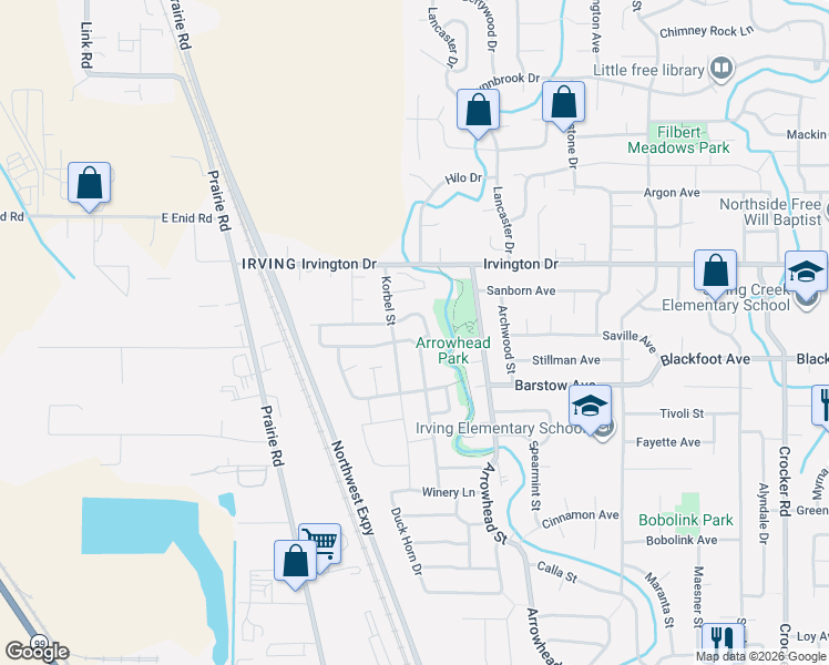 map of restaurants, bars, coffee shops, grocery stores, and more near 3461 Merryvale Road in Eugene