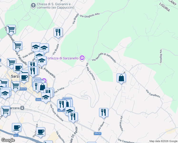 map of restaurants, bars, coffee shops, grocery stores, and more near 35 Via Alla Fortezza in Sarzana