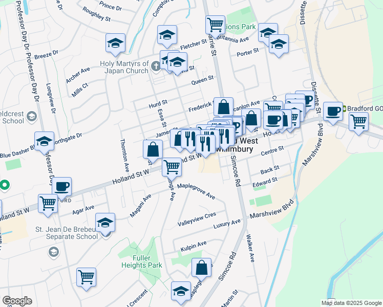 map of restaurants, bars, coffee shops, grocery stores, and more near 95 Holland Street West in Bradford West Gwillimbury