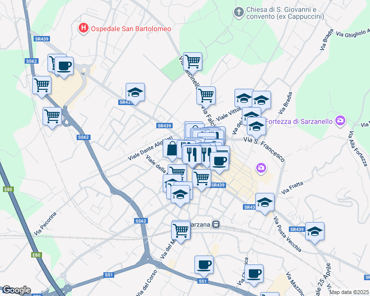 map of restaurants, bars, coffee shops, grocery stores, and more near 30 Via Antonio Bertoloni in Sarzana