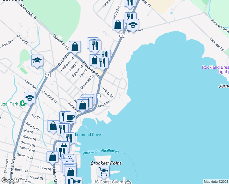 map of restaurants, bars, coffee shops, grocery stores, and more near 24 Trinity Street in Rockland