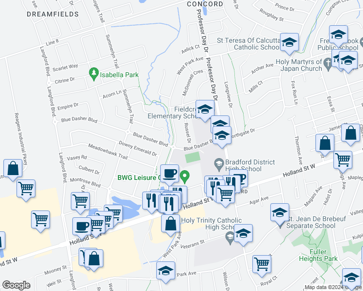 map of restaurants, bars, coffee shops, grocery stores, and more near 34 Blue Dasher Boulevard in Bradford West Gwillimbury