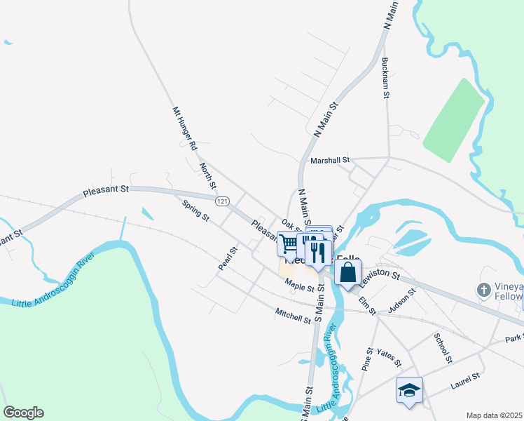 map of restaurants, bars, coffee shops, grocery stores, and more near 20 East Dwinal Street in Mechanic Falls
