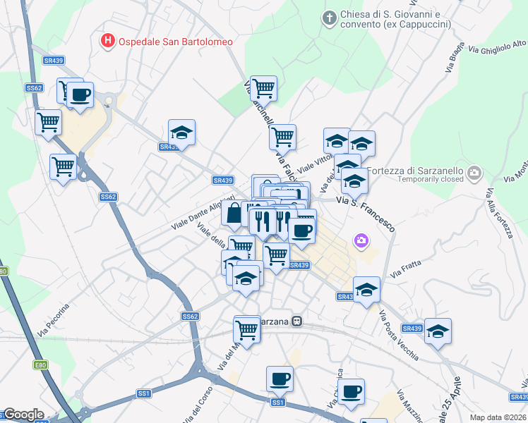 map of restaurants, bars, coffee shops, grocery stores, and more near 30 Via Antonio Bertoloni in Sarzana