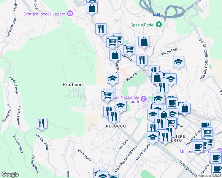 map of restaurants, bars, coffee shops, grocery stores, and more near 23 Via Monfalcone in La Spezia