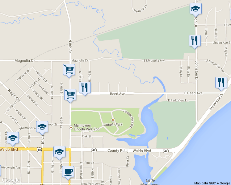 map of restaurants, bars, coffee shops, grocery stores, and more near 333 Reed Avenue in Manitowoc