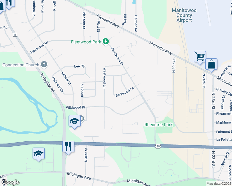 map of restaurants, bars, coffee shops, grocery stores, and more near 3427 Barkwood Lane in Manitowoc
