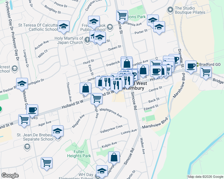 map of restaurants, bars, coffee shops, grocery stores, and more near 79 Holland Street West in Bradford West Gwillimbury