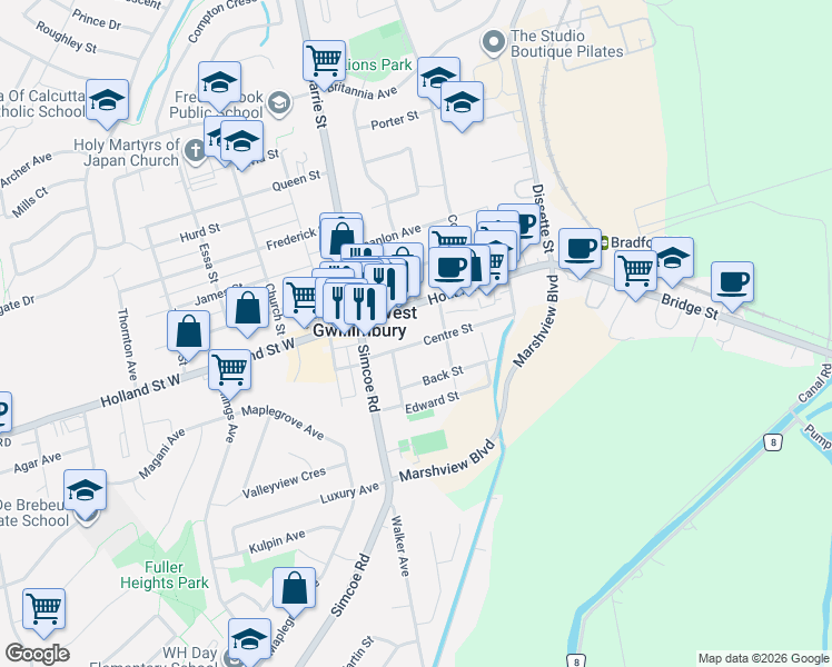 map of restaurants, bars, coffee shops, grocery stores, and more near 51 Centre Street in Bradford West Gwillimbury