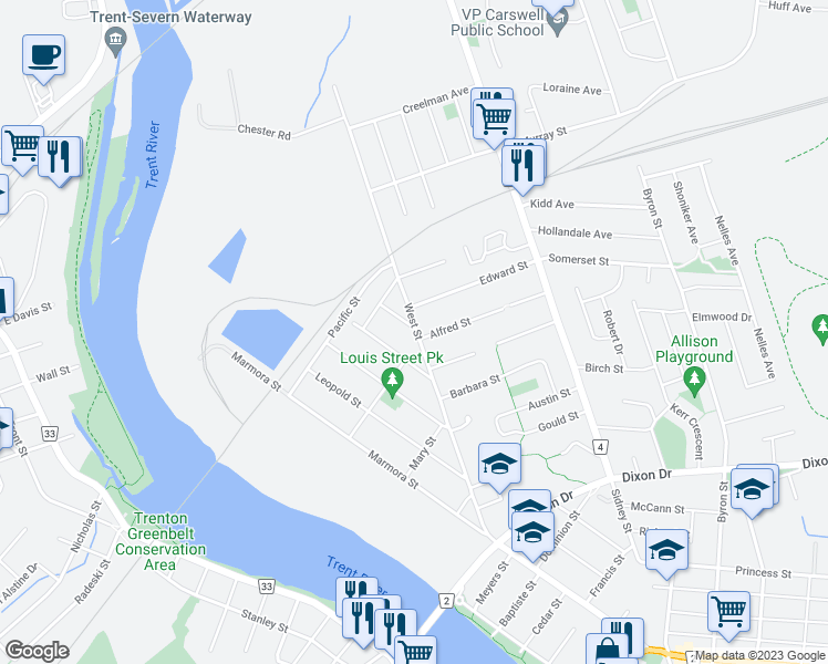 map of restaurants, bars, coffee shops, grocery stores, and more near 142 West Street in Quinte West