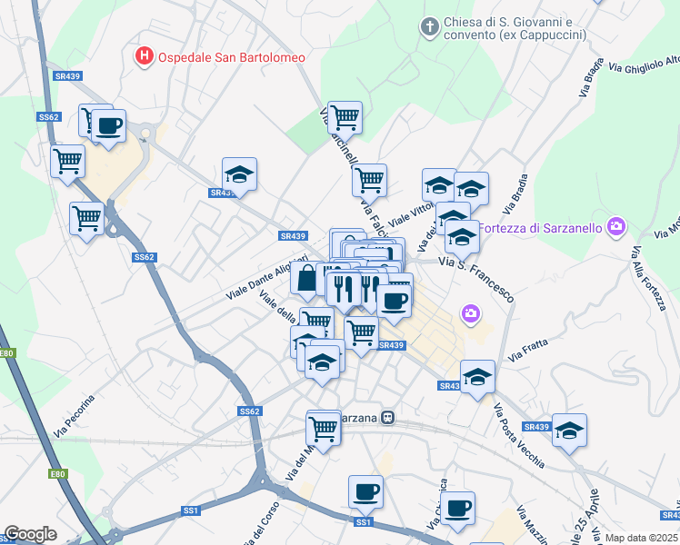 map of restaurants, bars, coffee shops, grocery stores, and more near 30 Via Antonio Bertoloni in Sarzana