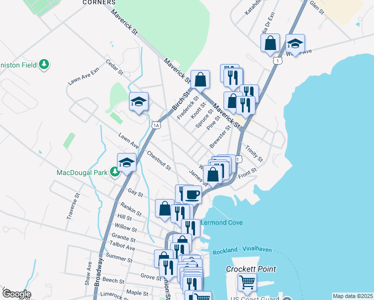 map of restaurants, bars, coffee shops, grocery stores, and more near 44 Warren Street in Rockland