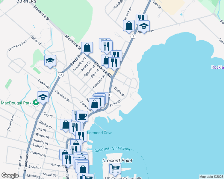 map of restaurants, bars, coffee shops, grocery stores, and more near 20 Perry Street in Rockland