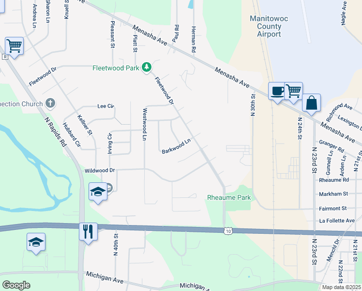 map of restaurants, bars, coffee shops, grocery stores, and more near 3427 Barkwood Ln in Manitowoc