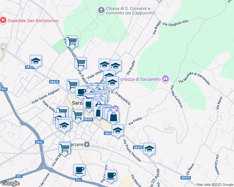 map of restaurants, bars, coffee shops, grocery stores, and more near 10 Via San Francesco in Sarzana