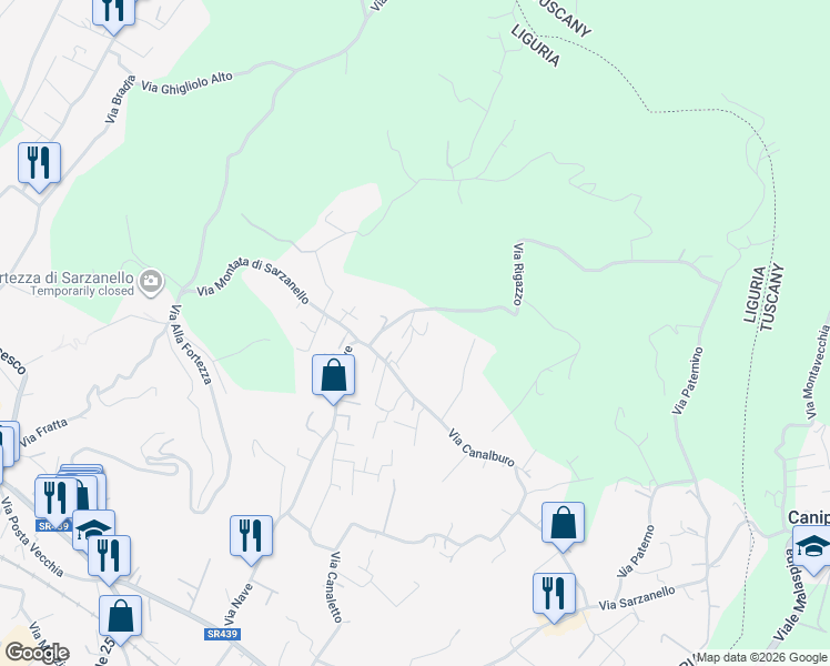 map of restaurants, bars, coffee shops, grocery stores, and more near 122H Via Canalburo in La Spezia