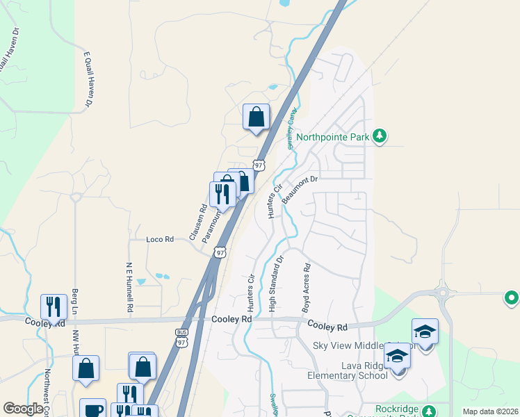 map of restaurants, bars, coffee shops, grocery stores, and more near 63709 Hunters Circle in Bend