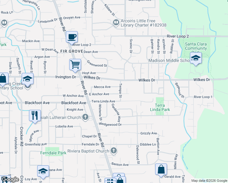 map of restaurants, bars, coffee shops, grocery stores, and more near 215 Terra Linda Avenue in Eugene