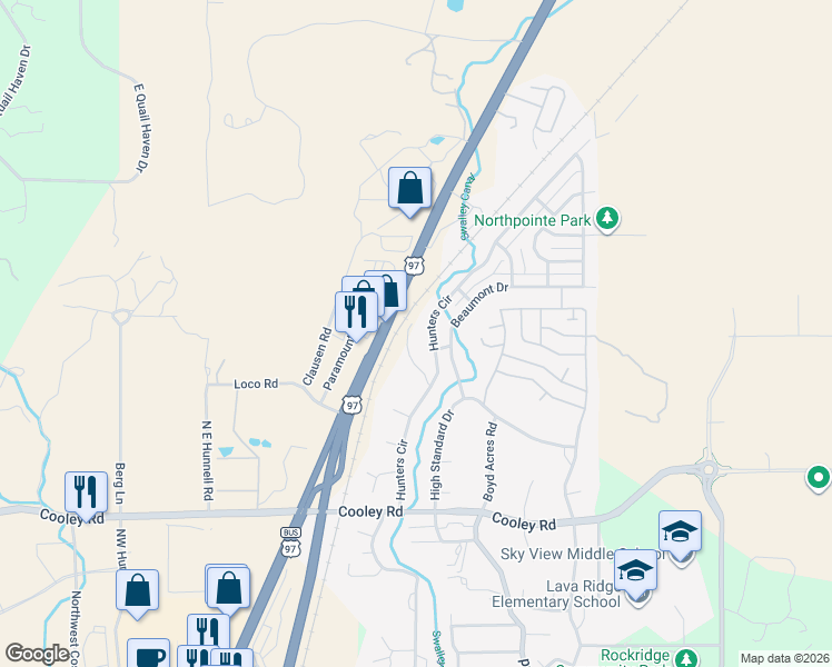 map of restaurants, bars, coffee shops, grocery stores, and more near 63709 Hunters Circle in Bend