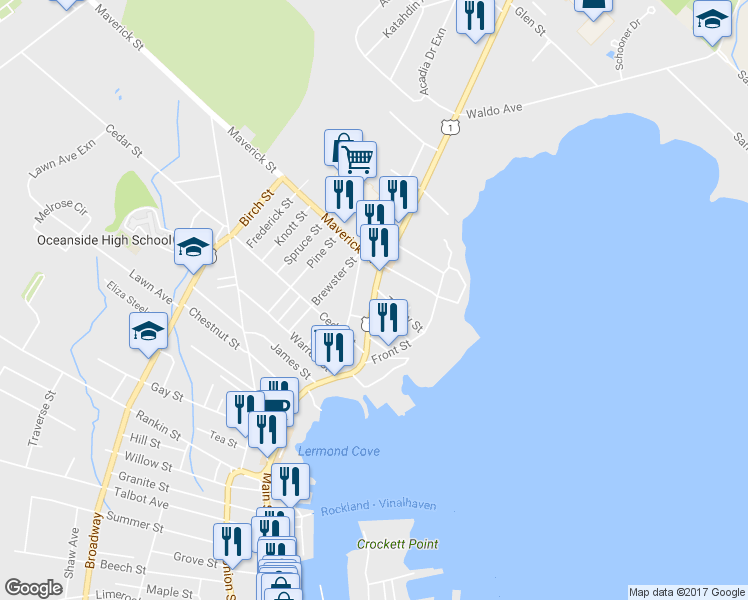 map of restaurants, bars, coffee shops, grocery stores, and more near 35 Camden Street in Rockland