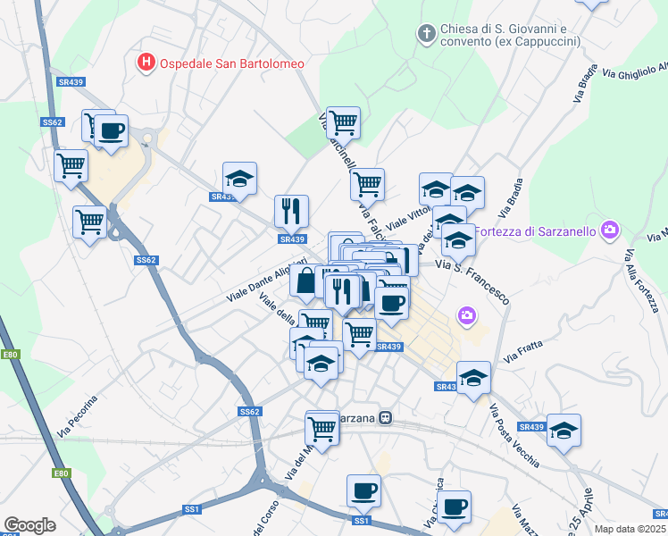 map of restaurants, bars, coffee shops, grocery stores, and more near 6 Viale Vittorio Alfieri in Sarzana
