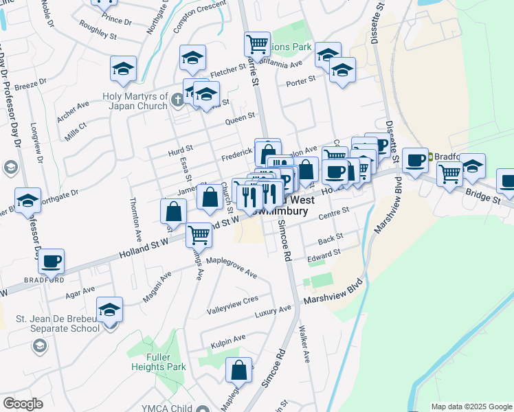 map of restaurants, bars, coffee shops, grocery stores, and more near in Bradford West Gwillimbury