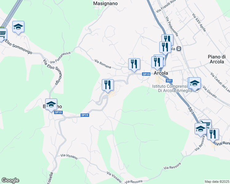map of restaurants, bars, coffee shops, grocery stores, and more near 15 Via Franciosi in Arcola