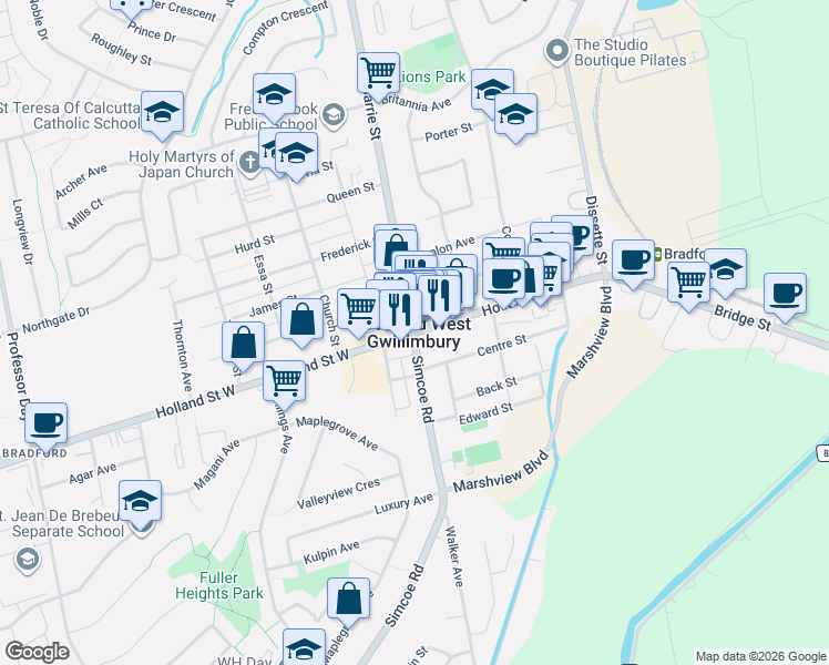 map of restaurants, bars, coffee shops, grocery stores, and more near 2 Holland St E in Bradford West Gwillimbury
