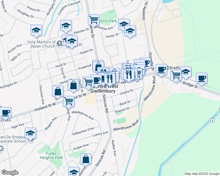 map of restaurants, bars, coffee shops, grocery stores, and more near 32 Holland Street East in Bradford West Gwillimbury