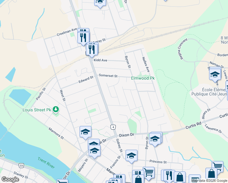 map of restaurants, bars, coffee shops, grocery stores, and more near 22 Robert Drive in Quinte West