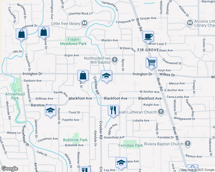 map of restaurants, bars, coffee shops, grocery stores, and more near 560 Irvington Drive in Eugene