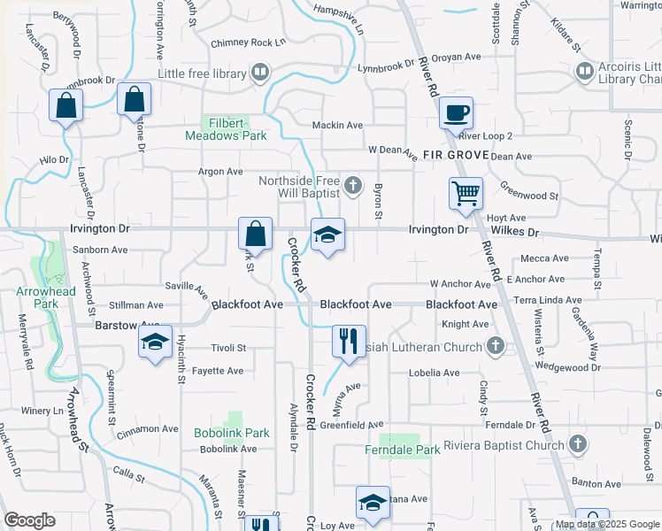 map of restaurants, bars, coffee shops, grocery stores, and more near 560 Irvington Drive in Eugene