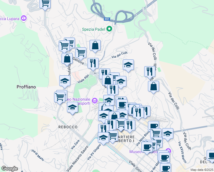 map of restaurants, bars, coffee shops, grocery stores, and more near 27 Via Vincenzo Bellini in La Spezia