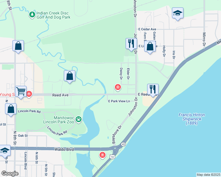 map of restaurants, bars, coffee shops, grocery stores, and more near 1426 Daisy Drive in Manitowoc