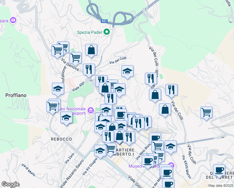 map of restaurants, bars, coffee shops, grocery stores, and more near 64 Via Claudio Monteverdi in La Spezia