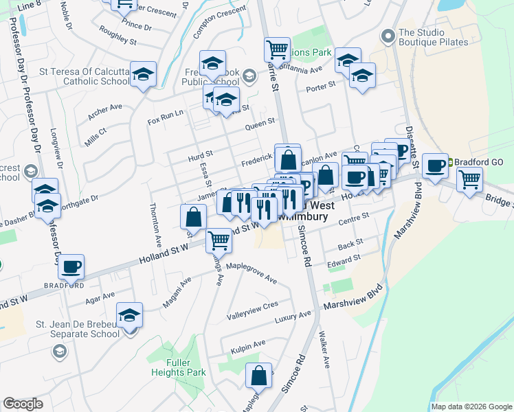 map of restaurants, bars, coffee shops, grocery stores, and more near 66 John Street West in Bradford West Gwillimbury