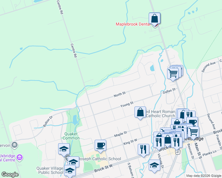 map of restaurants, bars, coffee shops, grocery stores, and more near 32 Oakside Drive in Uxbridge
