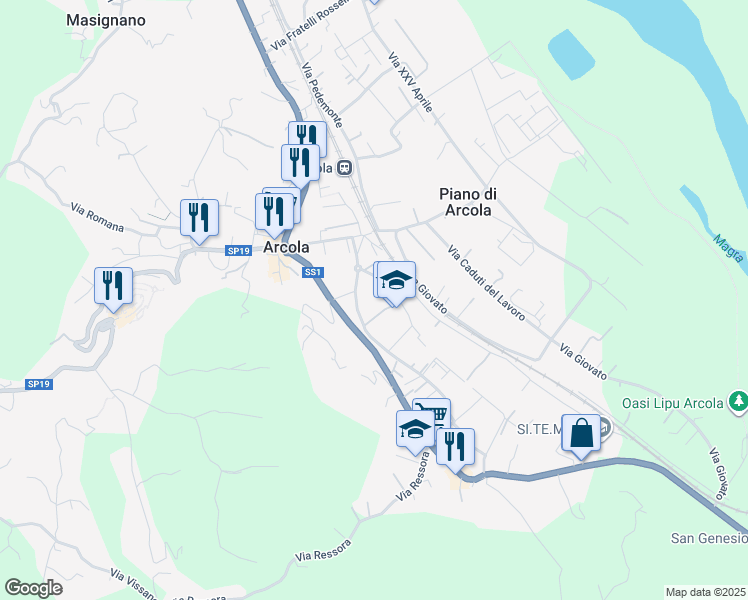 map of restaurants, bars, coffee shops, grocery stores, and more near 74 Via Porcareda in Arcola